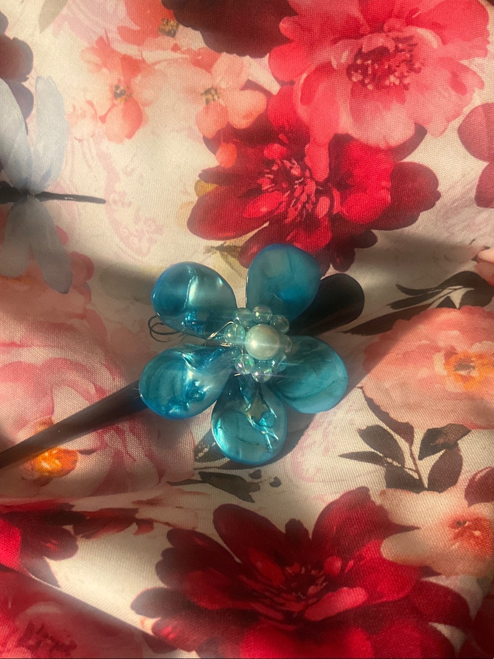 Blue Floral Hair Stick with Pearl Accent